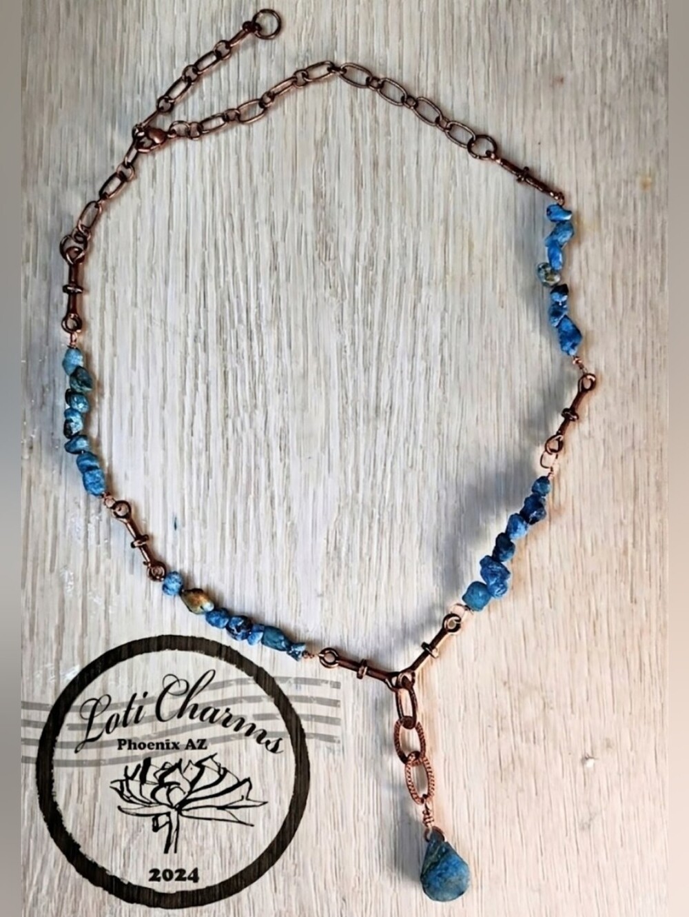Genuine Blue Turquoise Chips In Industrial Vibe Antique Copper Artisan Necklace - Picture 3 of 9
